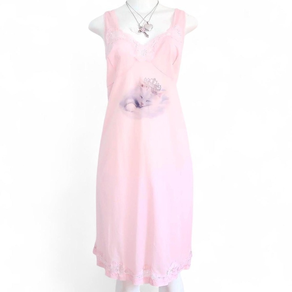 y2k baby pink kitten graphic lace midi slip dress coquette
